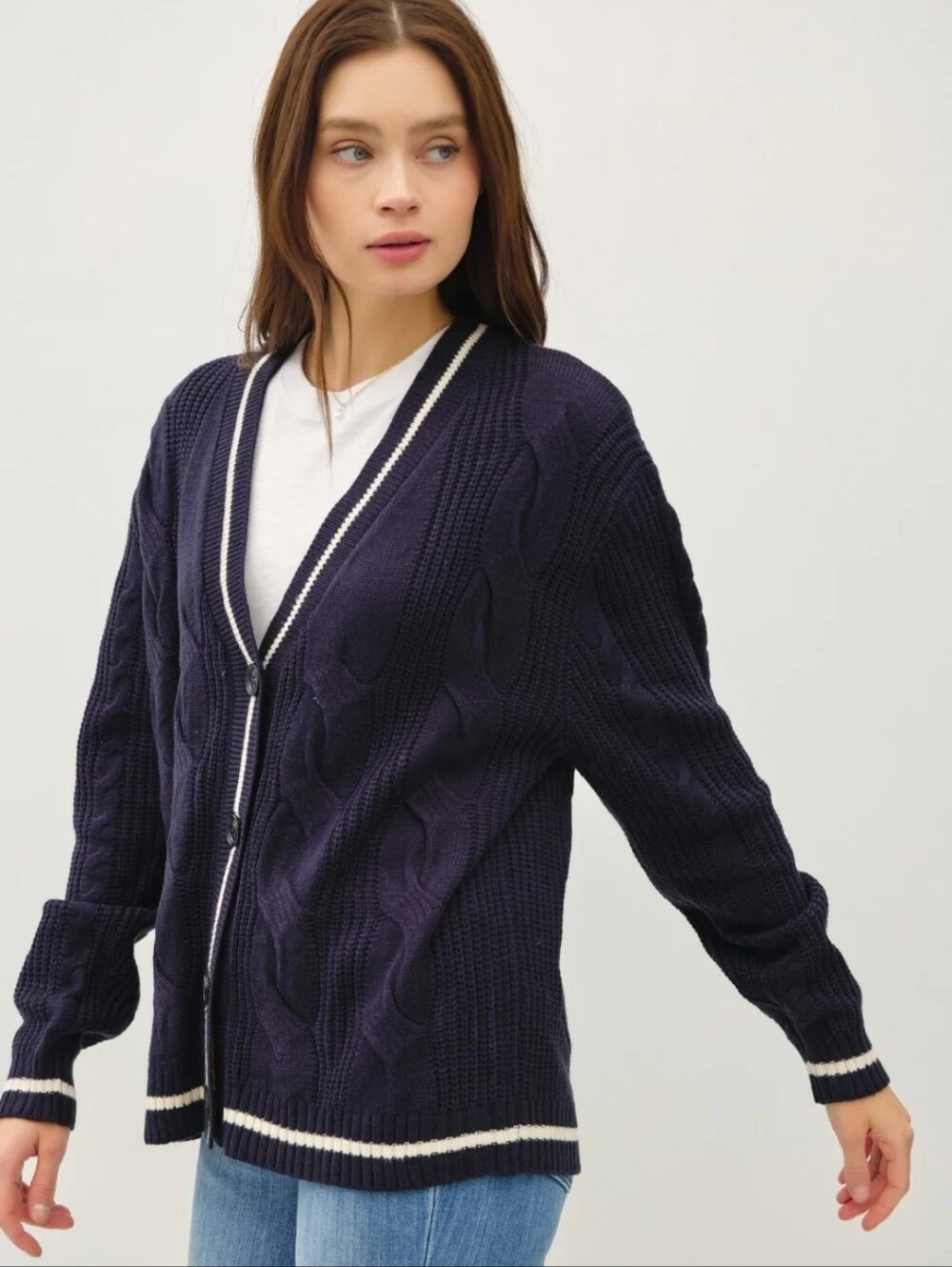 Charming Charlie Navy Cable-Knit V-Neck Cardigan Sweater
